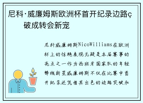 尼科·威廉姆斯欧洲杯首开纪录边路爆破成转会新宠